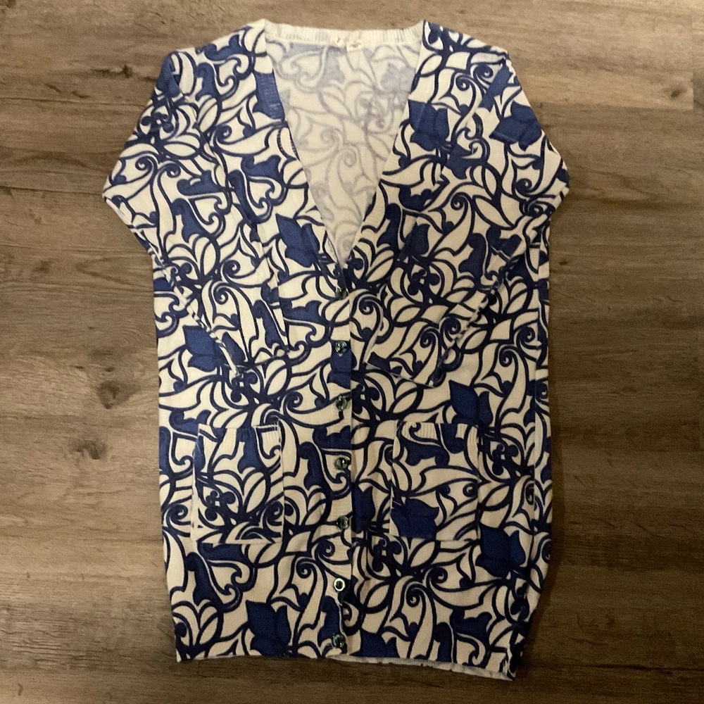 Moth for Anthropologie medium blue and cream tunic cardigan